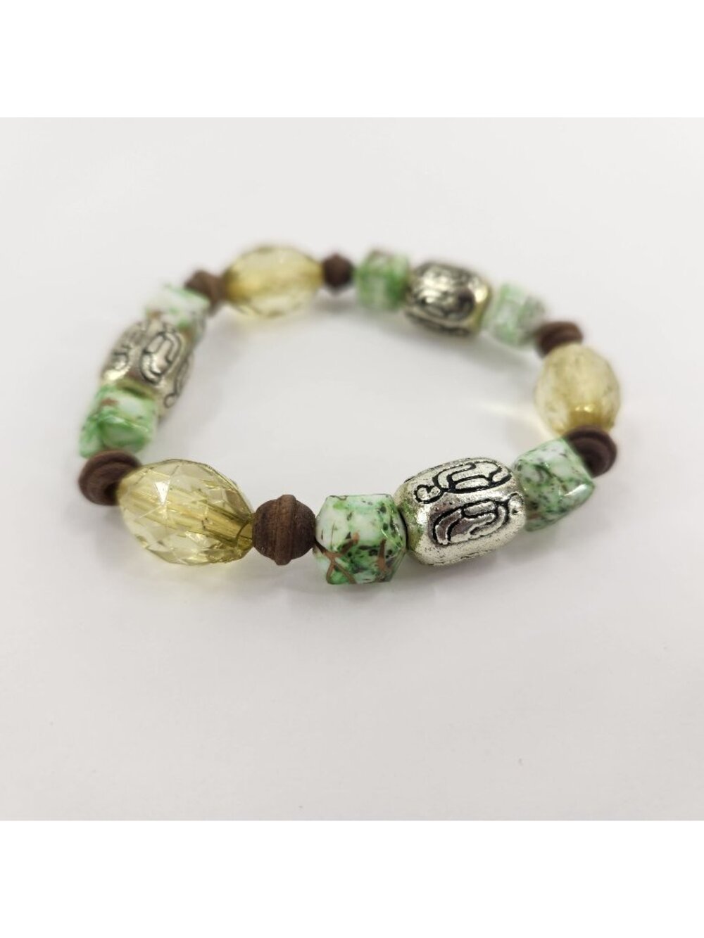 Vintage Beaded Stretch Bracelet Yellow and Green With Silver-Tone Accent Beads